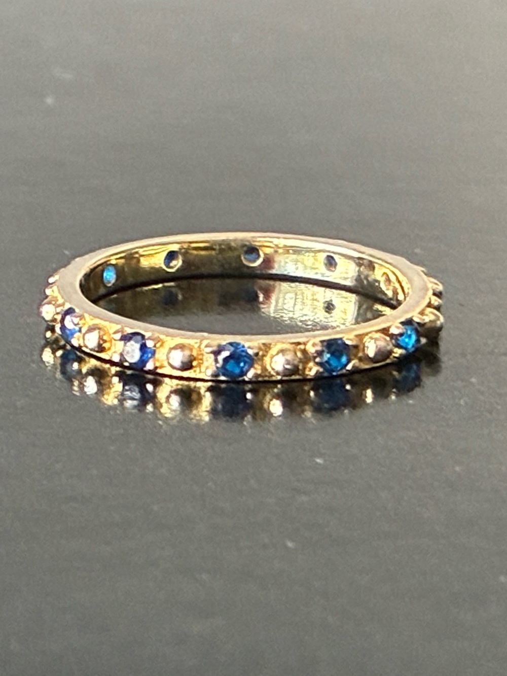 925 Sterling Silver Gold Stackable Band Ring with Blue and Clear Stones Sz 7